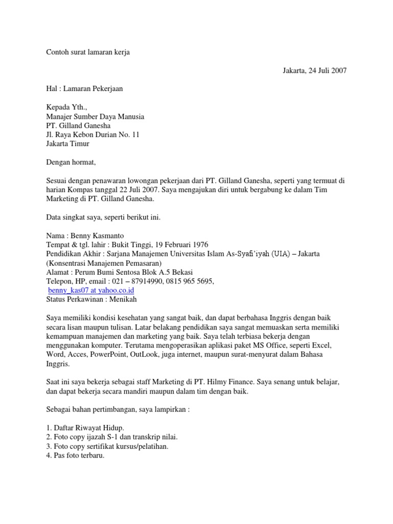Contoh Surat Lamaran Kerja Marketing Dalam Bahasa Inggris
