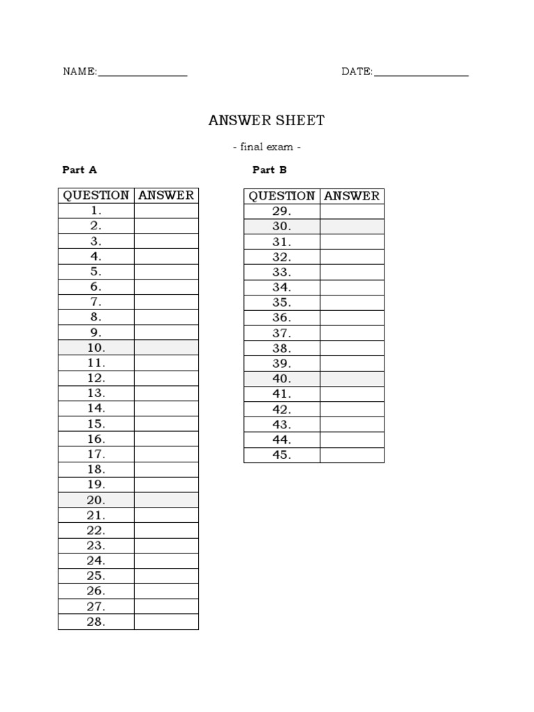 Final Exam Answer Sheet Template | PDF