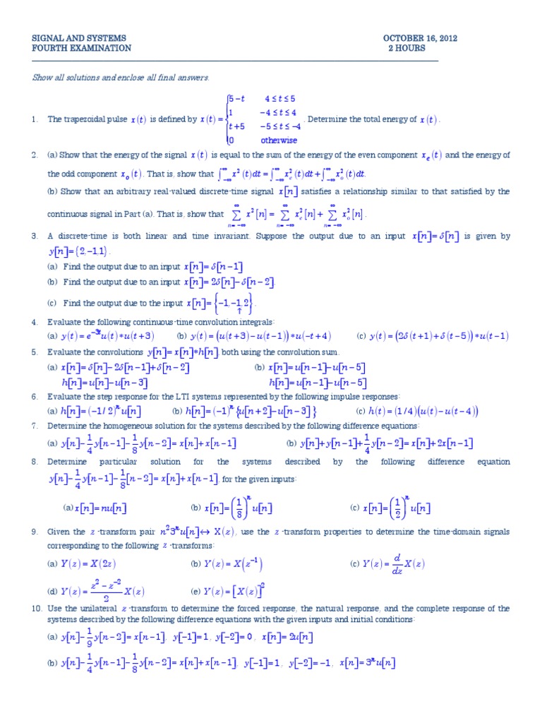 Signal and Systems Fourth Exam Solutions | PDF | Signal (Electrical ...