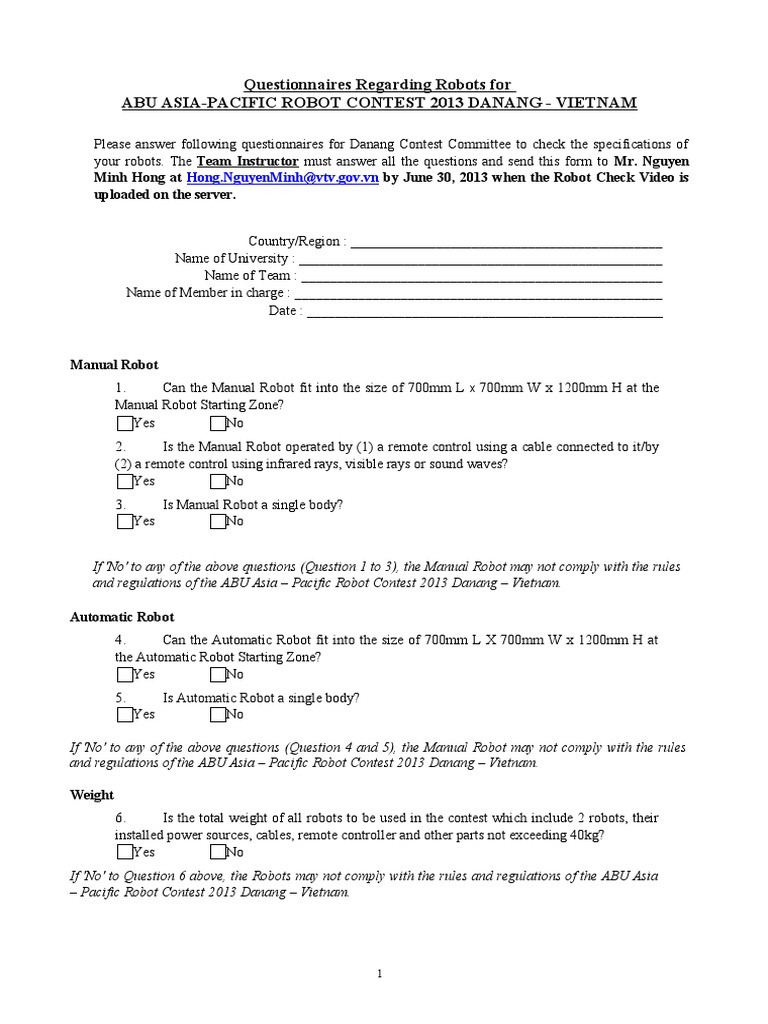Robot Specifications Questionnaire 2013 | PDF | Computers