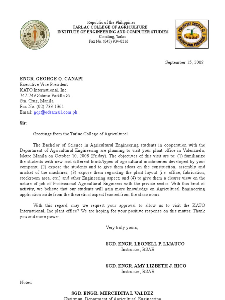 Acknowledgement Letter For Industrial Visit Letter for Field Trip · Sample Industrial Visit Letter