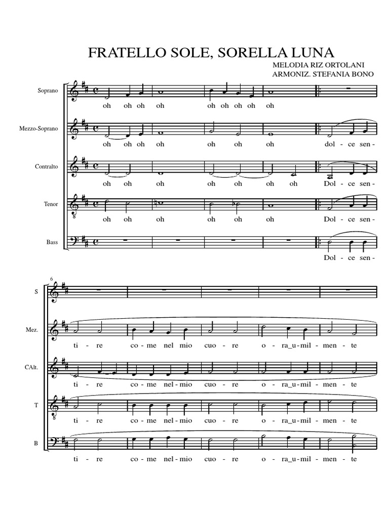 Fratello Sole e Sorella Luna Spartito a 5 Voci Musique vocale