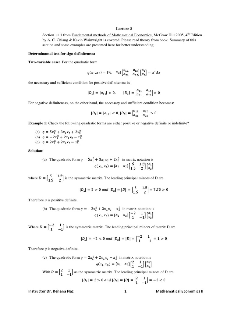 Quadratic Forms: Definiteness Tests | PDF | Determinant | Algebra