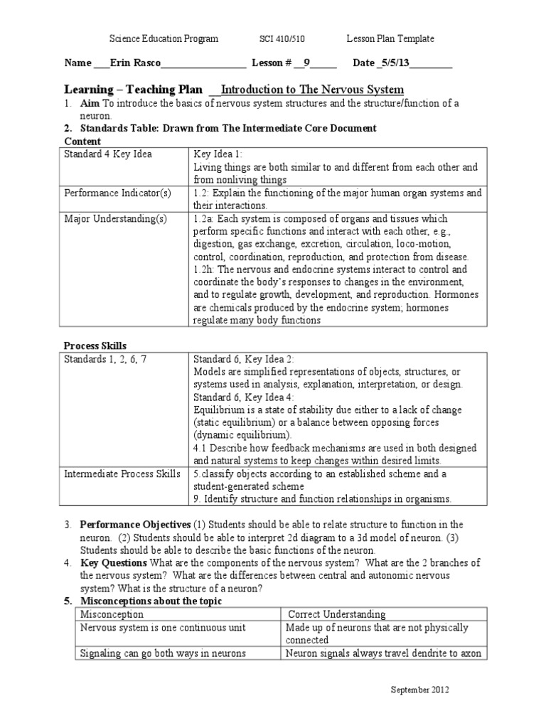 Nervous System Lesson Plan Overview | PDF | Nervous System | Autonomic ...