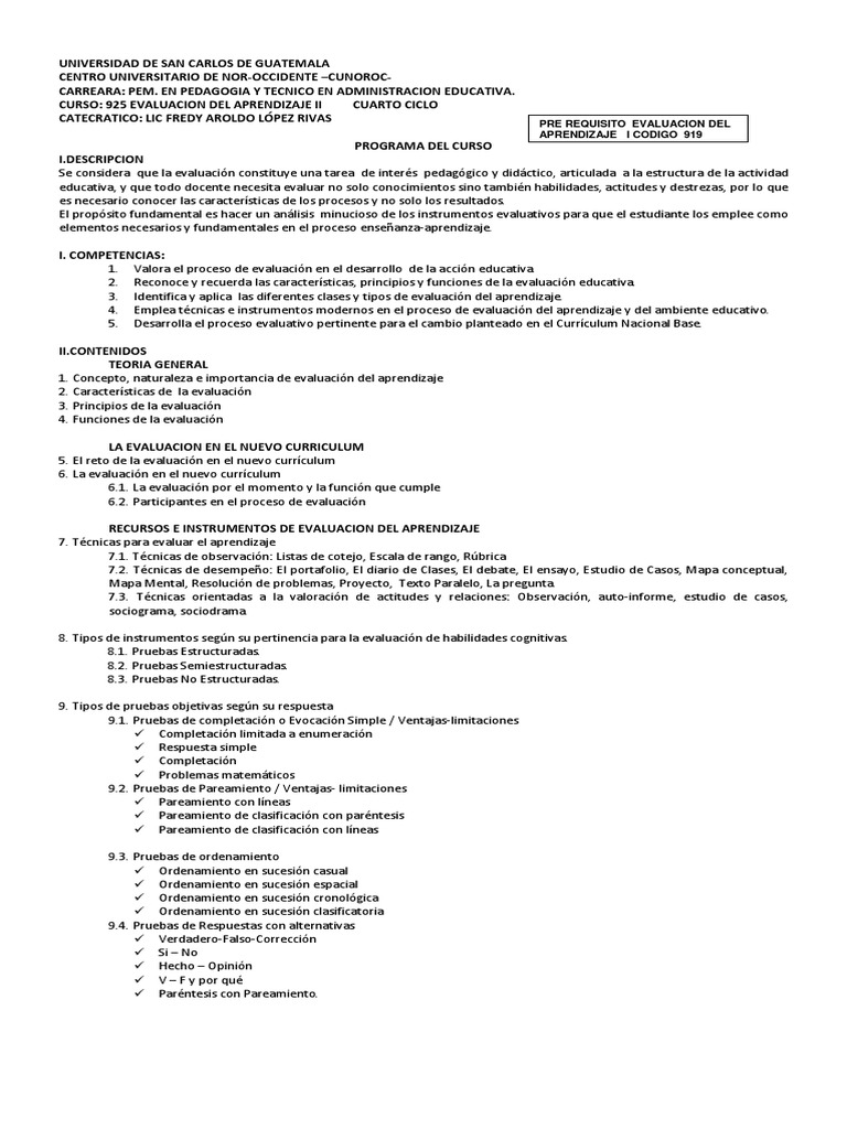 Programa de Evaluacion II Fredy Lopez | PDF | Evaluación | Plan de estudios