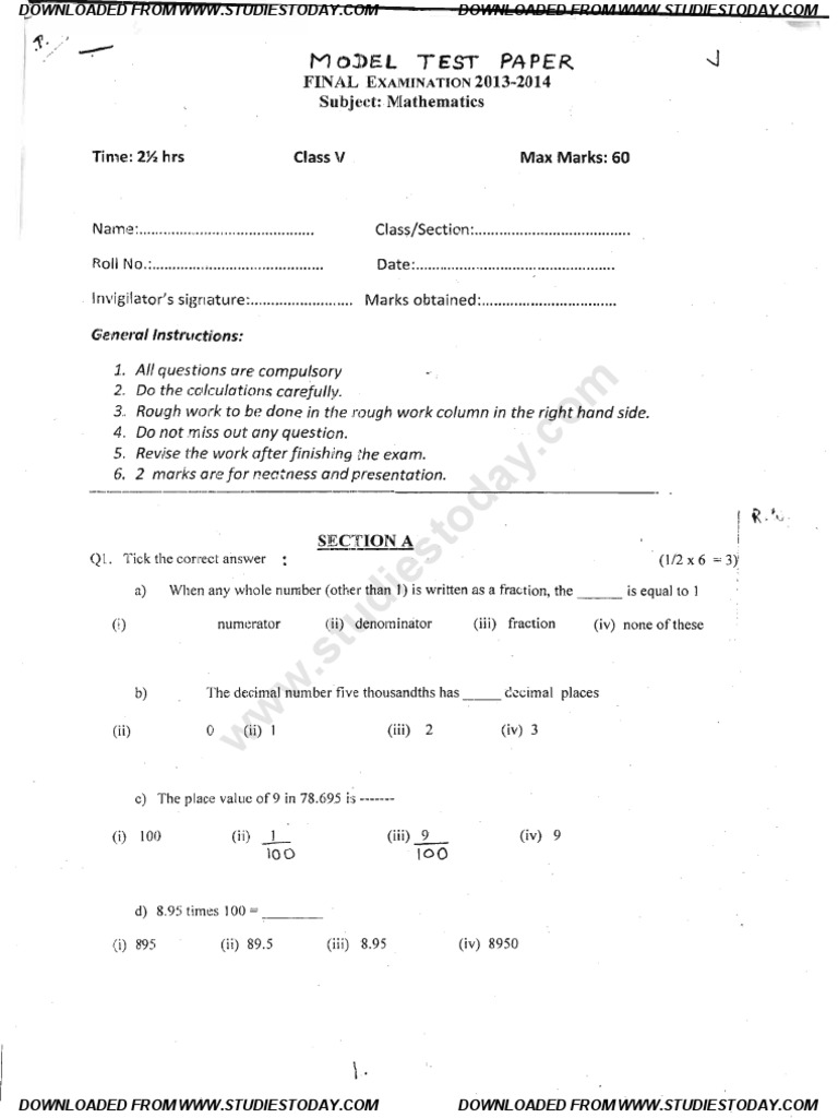 Cbse class 5 maths model test paper 1 pdf fraction mathematics
