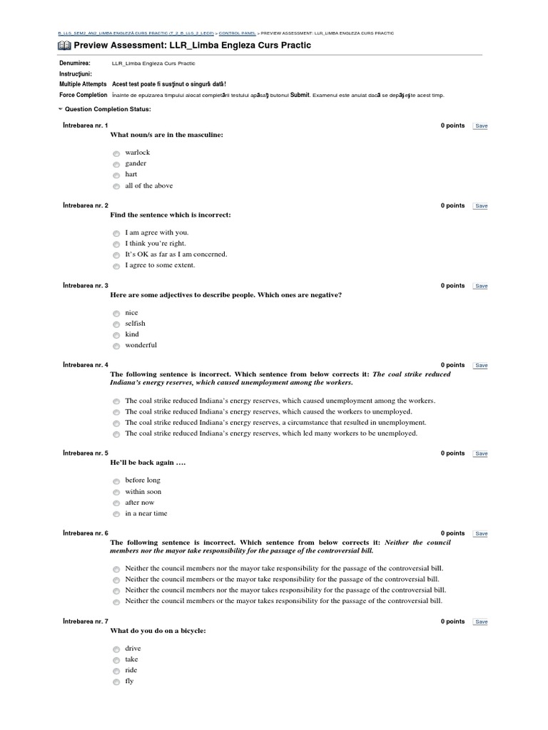 Preview Assessment: LLR - Limba Engleza Curs Practic: Question ...