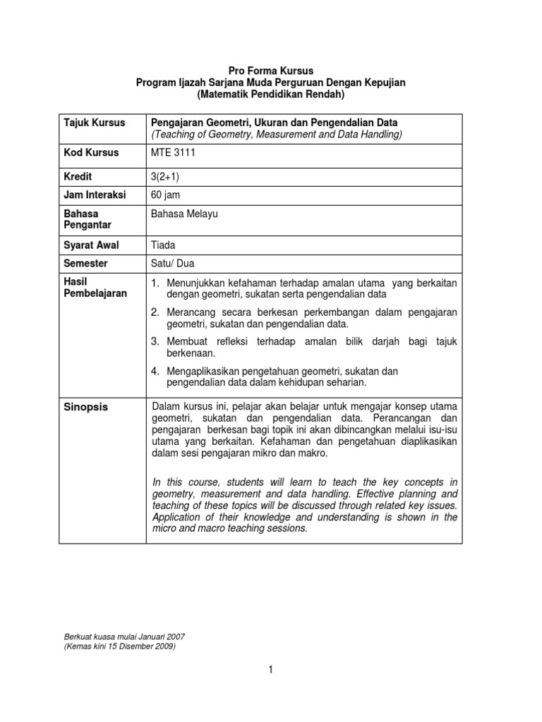 05-Pro Forma-MTE3111-Pengajaran Geometri, Ukuran Dan Pengen