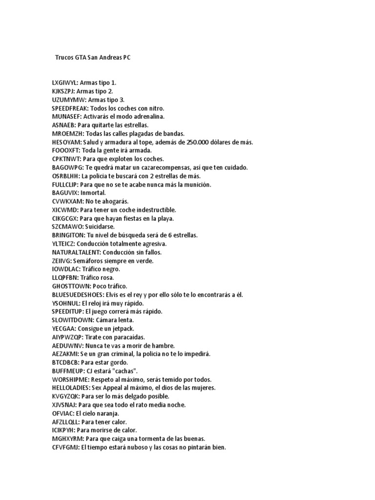 Trucos de GTA San Andreas para PC | PDF | Ocio | Informática y ...