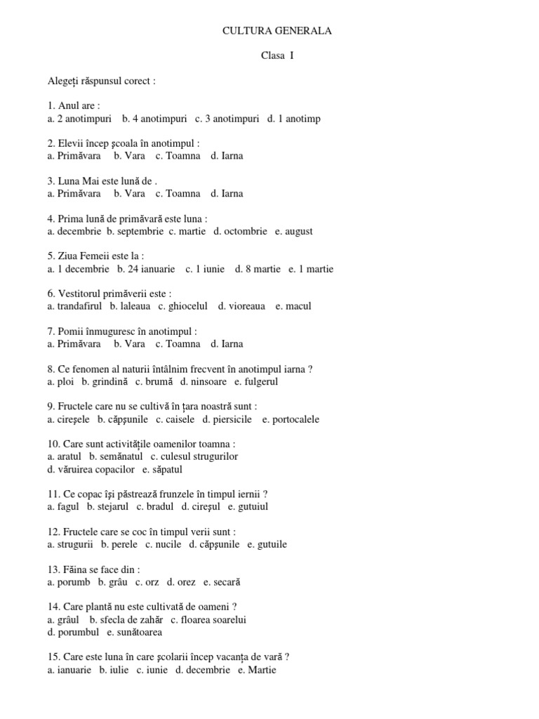Test Pentru Cultura Generala Clasele 1 8
