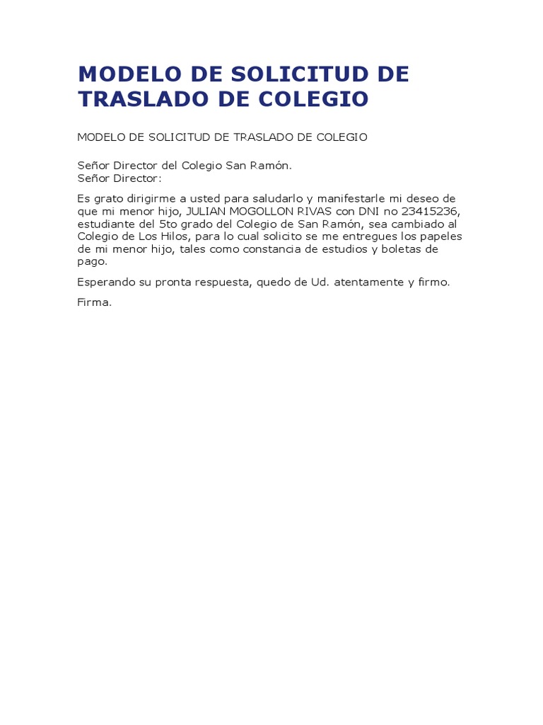 Modelo De Solicitud De Traslado De Colegio Pdf