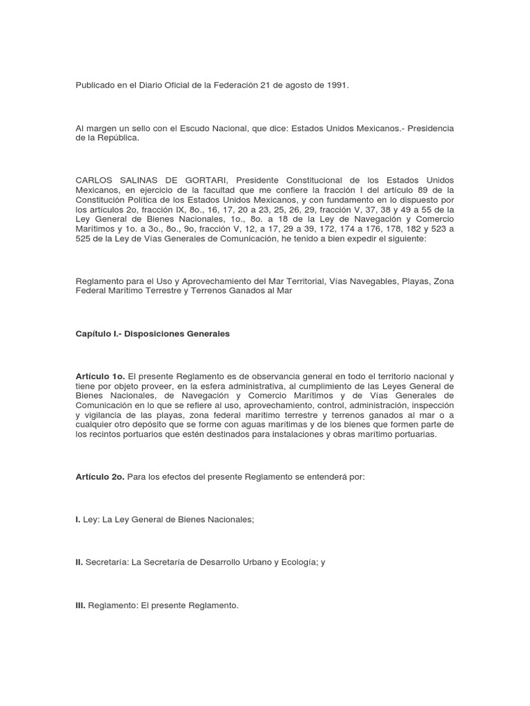 Reglamento para El Uso y Aprovechamiento Del Mar Territorial PDF México Propiedad