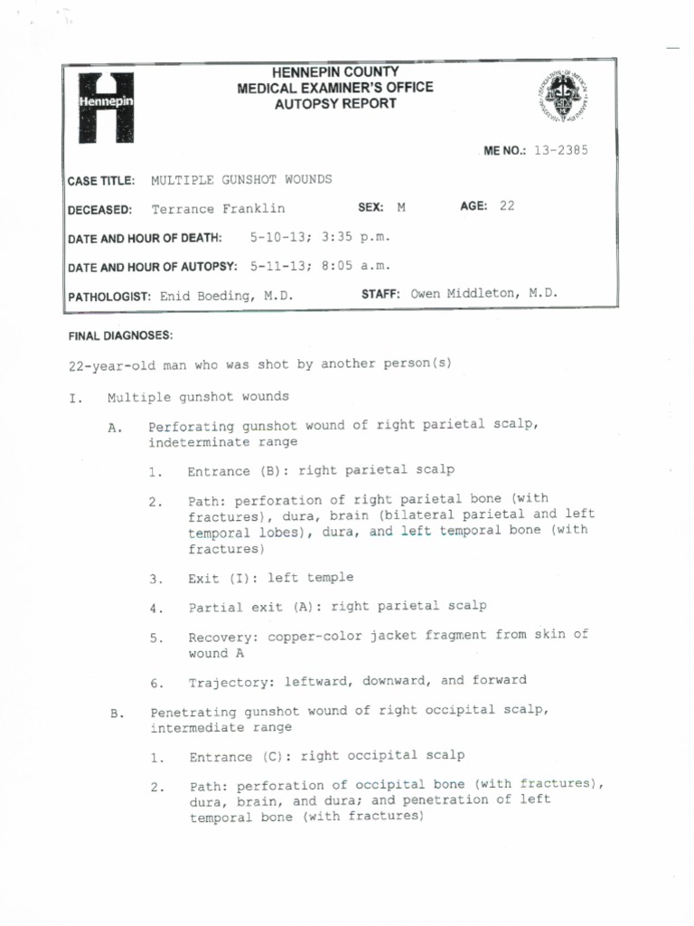 Hennepin County Medical Examiner's Office autopsy report of Terrance