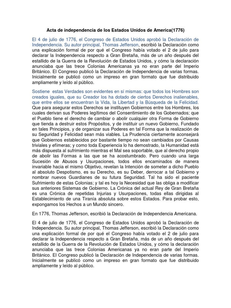 Acta de Independencia de EE.UU. 1776 | PDF | Declaración de ...