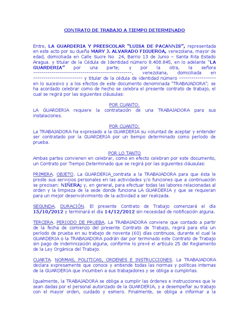 Contrato Periodo de Prueba Tiempo de trabajo Regulación
