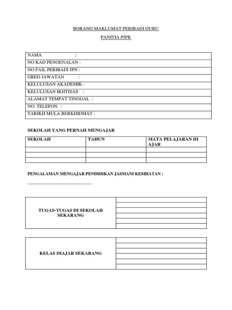 Borang Maklumat Peribadi Guru PJPK  PDF