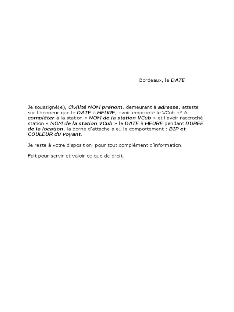 Attestation Sur l'Honneur Lettre Type