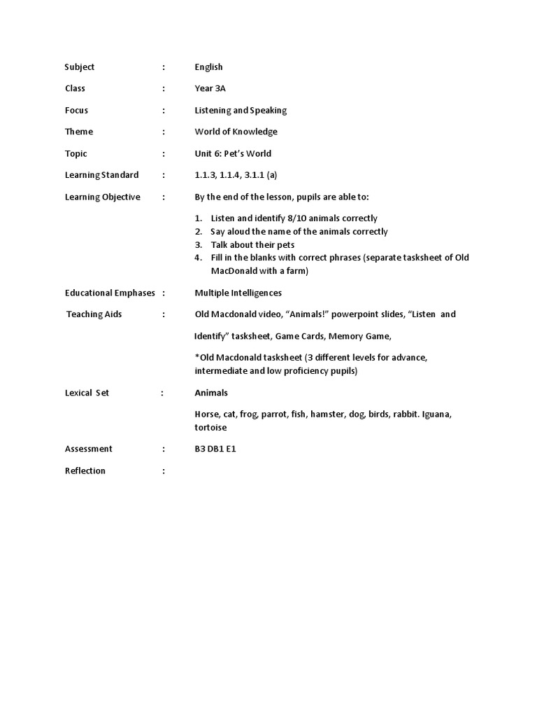 Lessson Plan Unit 6 English Language Lesson Plan