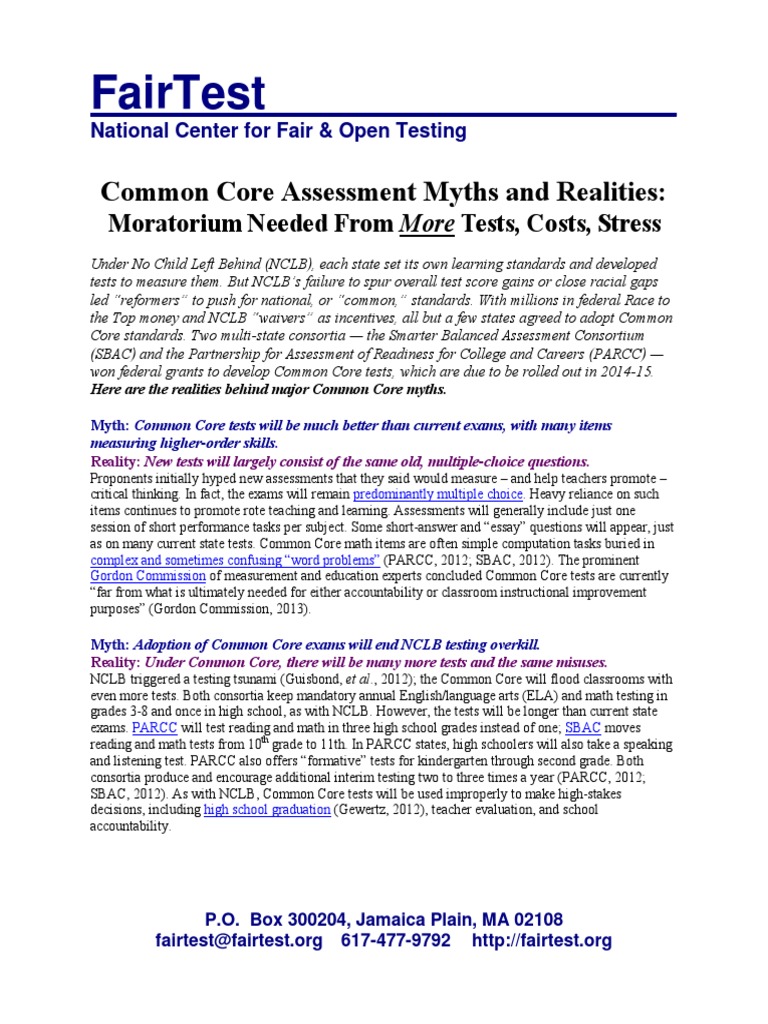 Common Core Testing: Myths vs. Realities | PDF | Common Core State ...