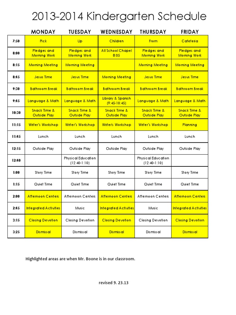 2013-2014 Kindergarten Weekly Schedule | PDF
