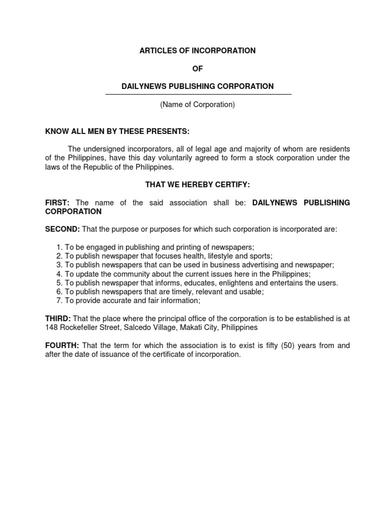 Articles of incorporation stocks philippines