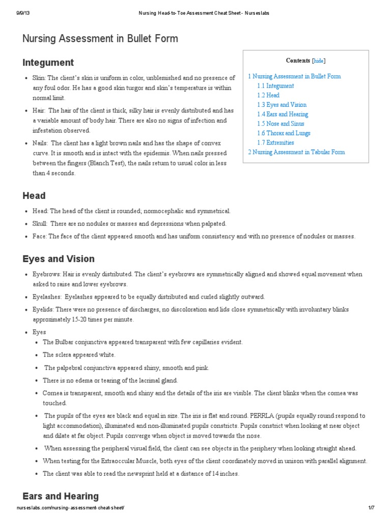 Head to toe assessment for nurses