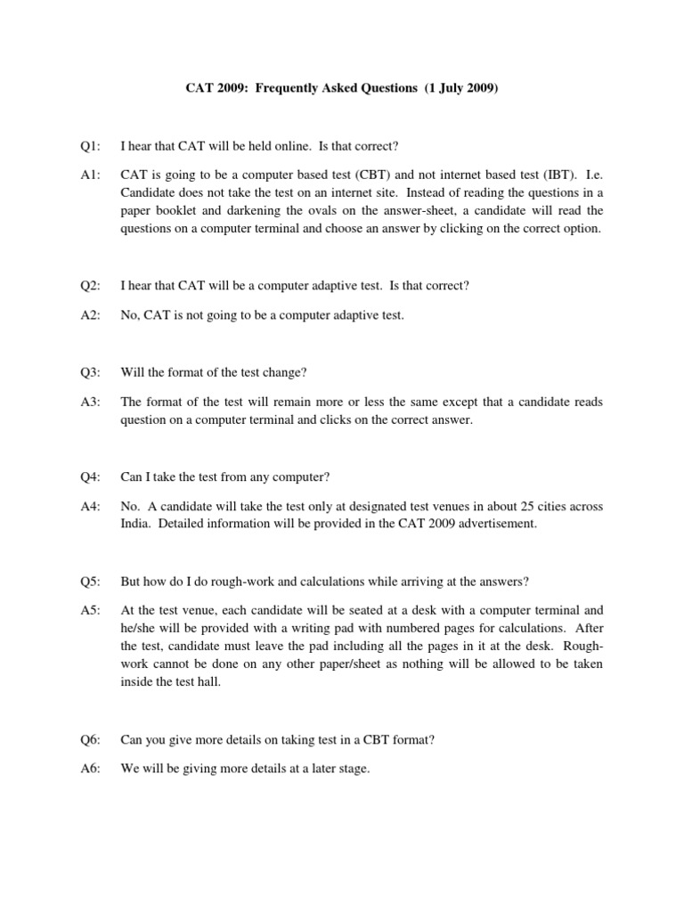 CAT 2009: Key FAQs and Test Details | PDF | Business