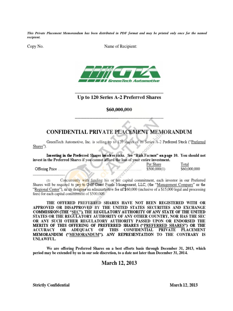 GreenTech Automotive Confidential Private Placement Memorandum | PDF ...