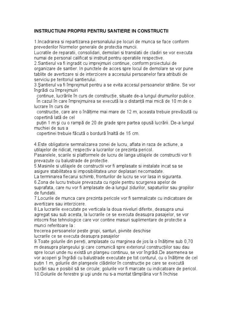 Instructiuni Proprii Santiere | PDF