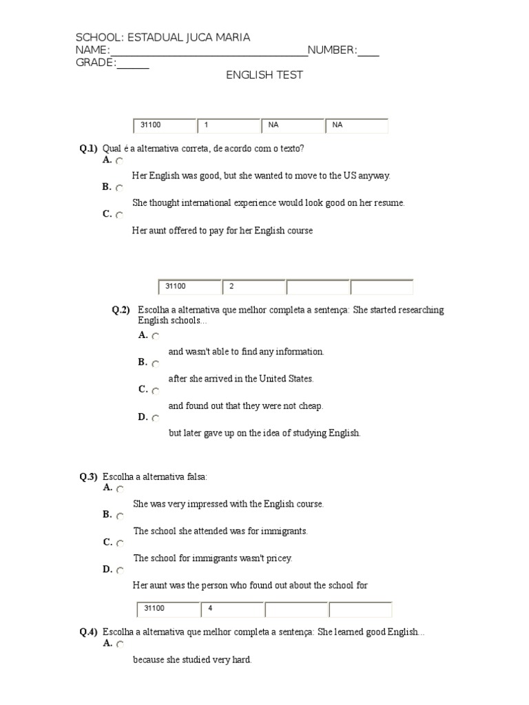 English Test Questions for Students | PDF | Language Arts & Discipline
