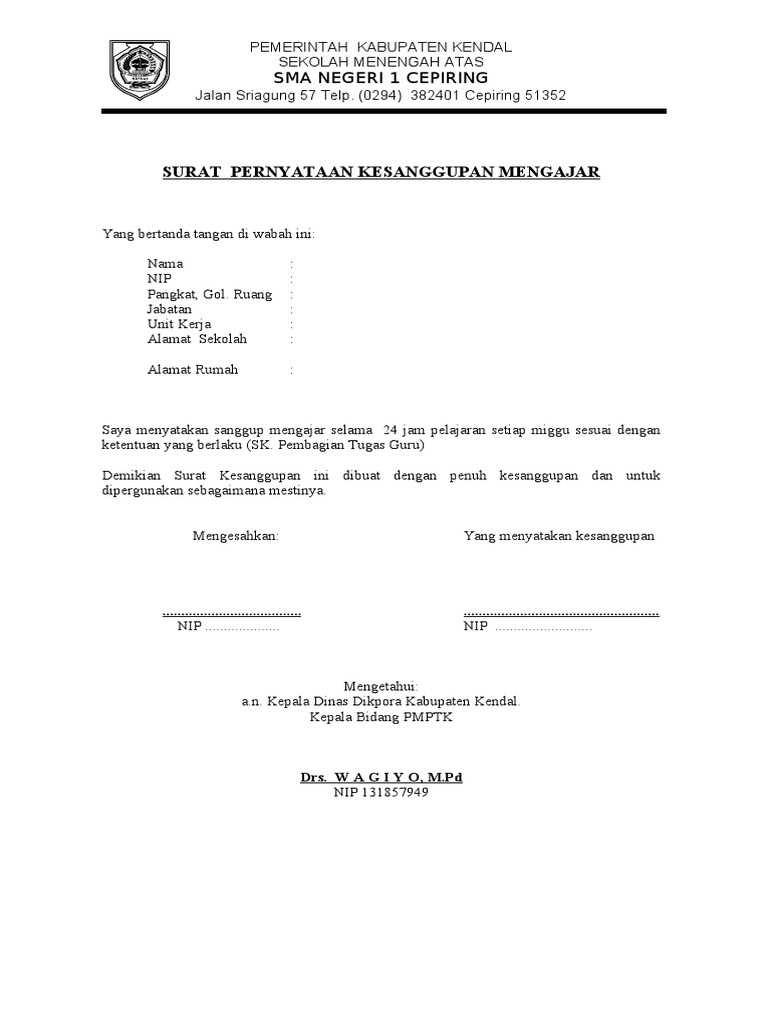 Surat Pernyataan Kesanggupan Mengajar