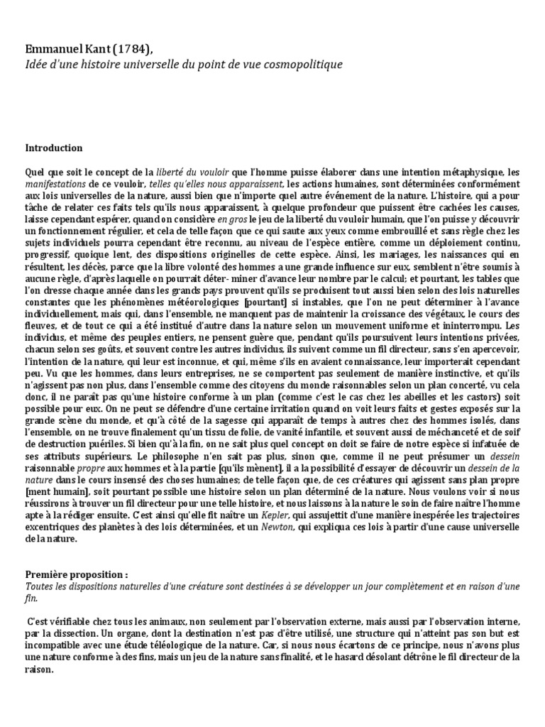 Idée D Une Histoire Universelle Au Point De Vue Cosmopolitique