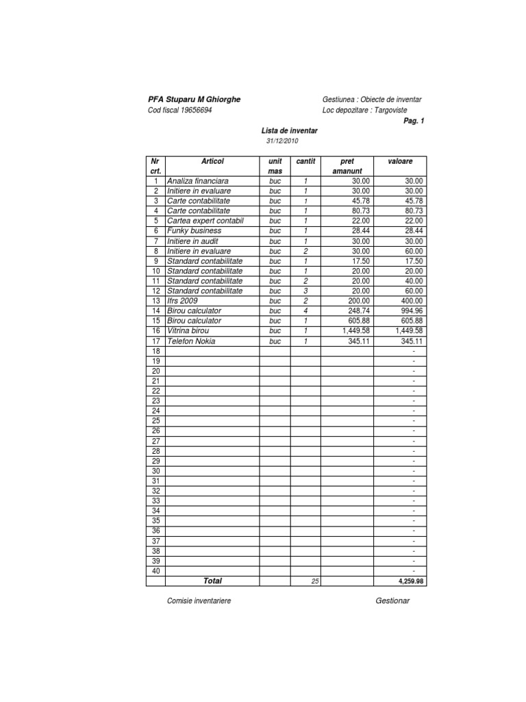 PFA Stuparu M Ghiorghe Inventory List | PDF | Business | Finance ...