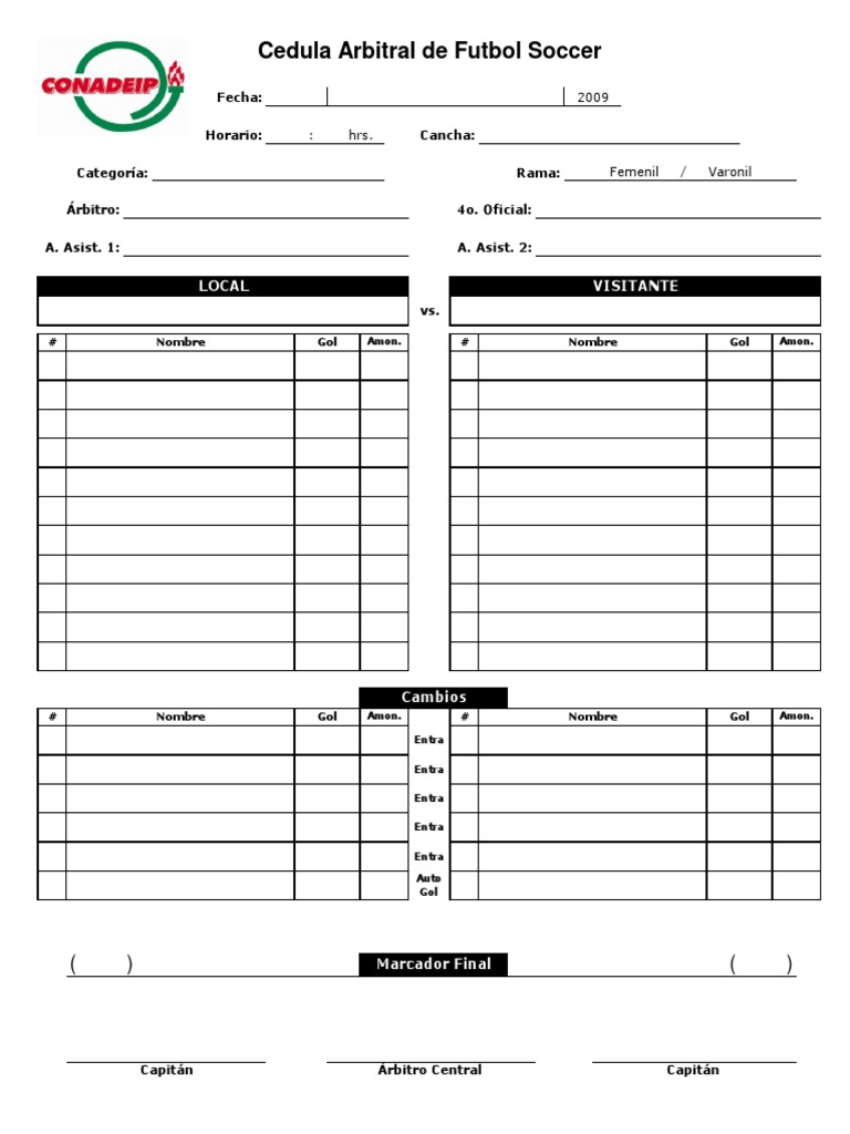 Cedula Arbitral de Futbol Soccer Local Visitante