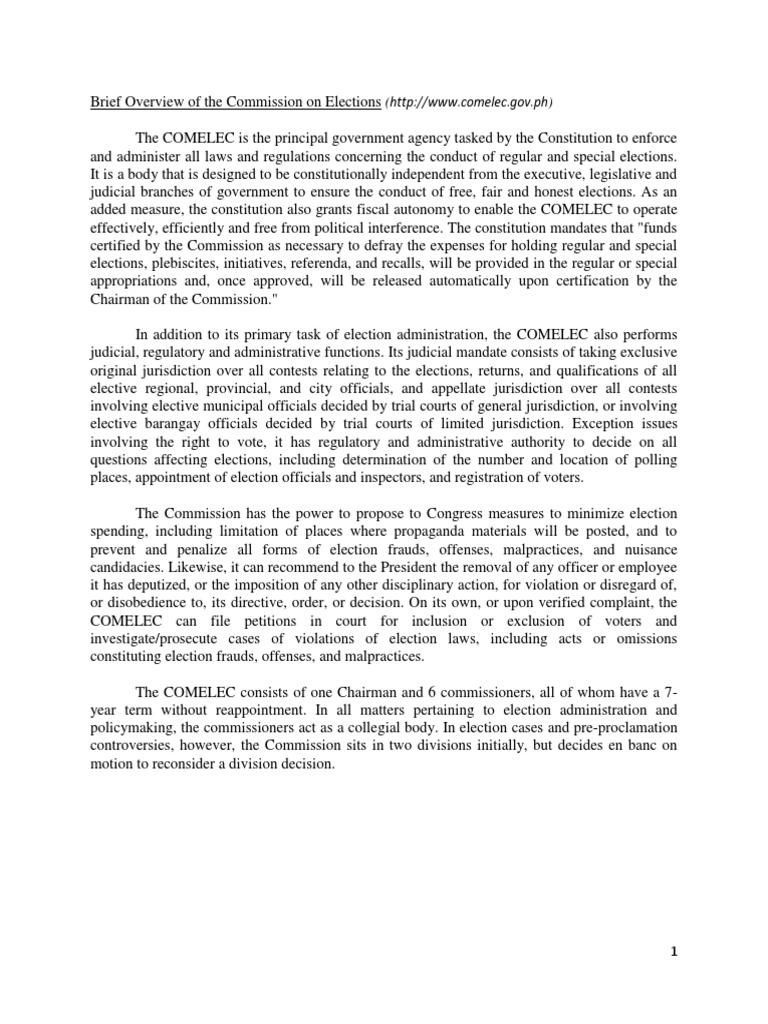 Understanding the Role of COMELEC | PDF | Commission On Elections ...