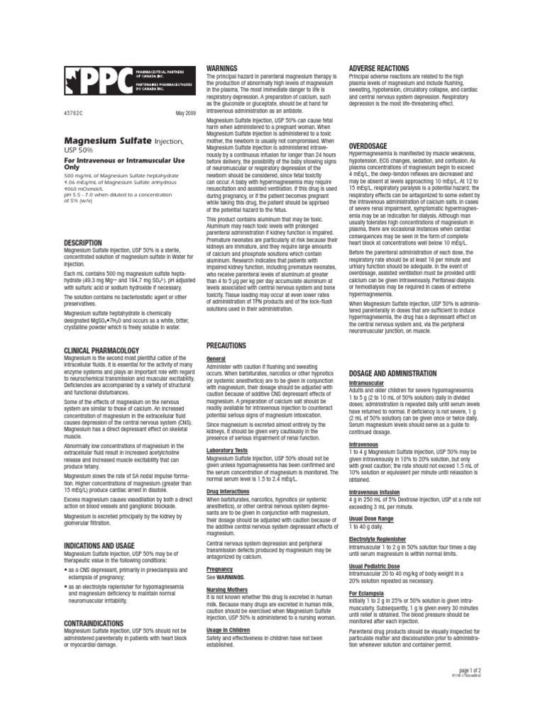 Mgso4 Injections | PDF | Magnesium | Intravenous Therapy
