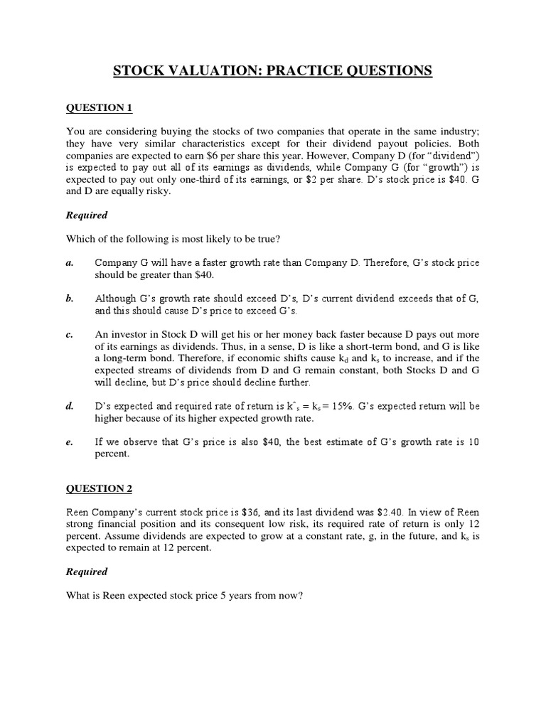 Stock Valuation Practice Questions | PDF | Stocks | Dividend