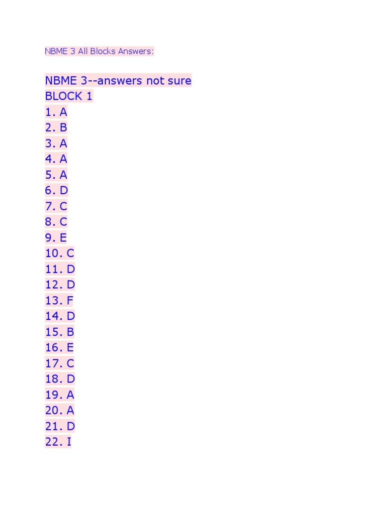 Nbme 3 All Blocks Answers