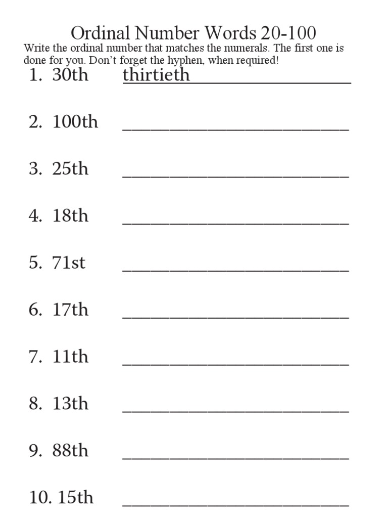 Ordinal Numbers Worksheet 20-100 | PDF