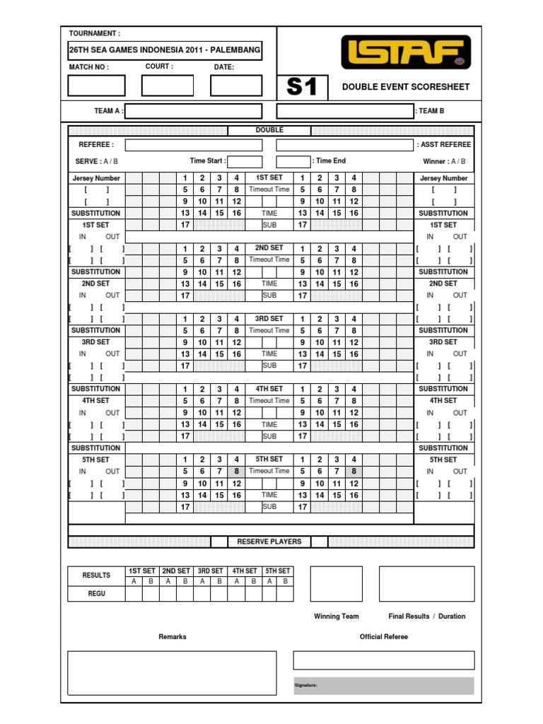 26th Sea Games - Istaf - Sepaktakraw Scoresheet 2011 (111111) | Sports