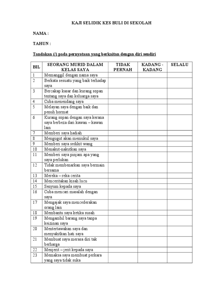 Soalan Kaji Selidik Kes Buli Di Sekolah