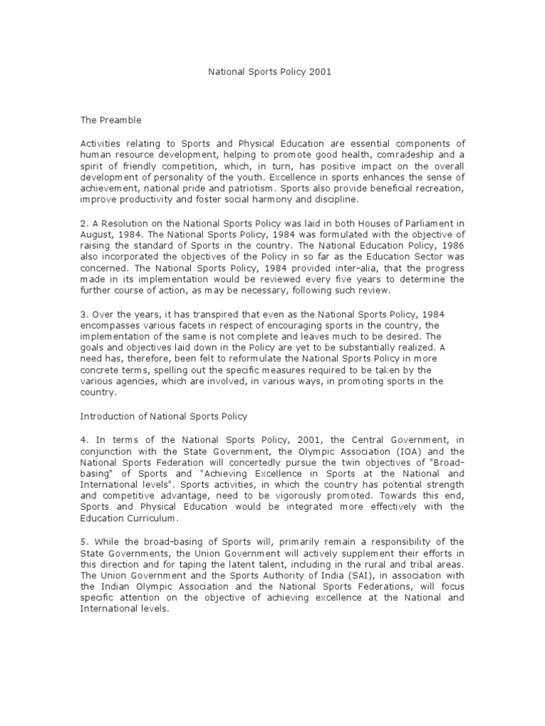 National Sports Policy 2001 Overview | PDF | Sports | Tourism
