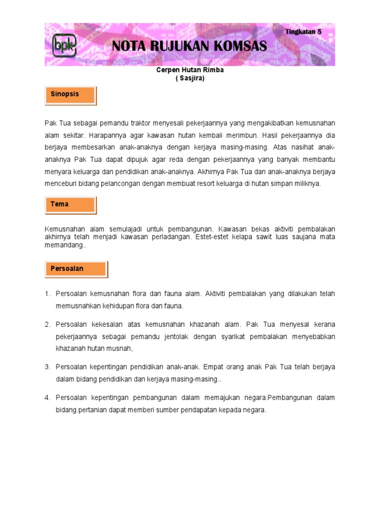Nota Rujukan Cerpen Cerpen Hutan Rimba | PDF