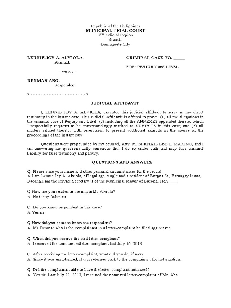 Sample JA Perjury and Libel Perjury Defamation