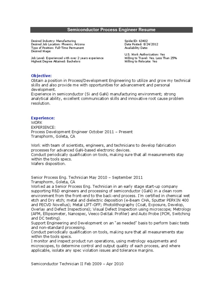 Semiconductor Process Engineer Resume Semiconductor Device