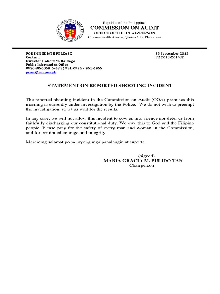 COA Statement on Shooting Incident | PDF | Social Science
