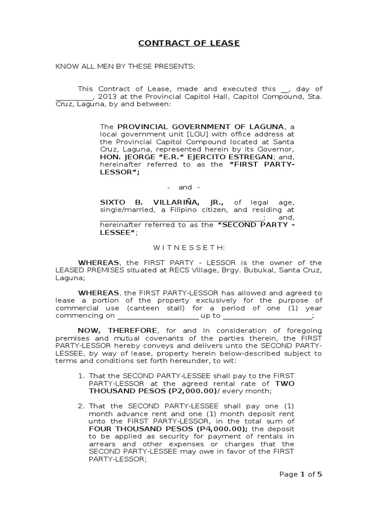 DRAFT SAMPLE Contract of Lease Lease Civil Law (Legal System)