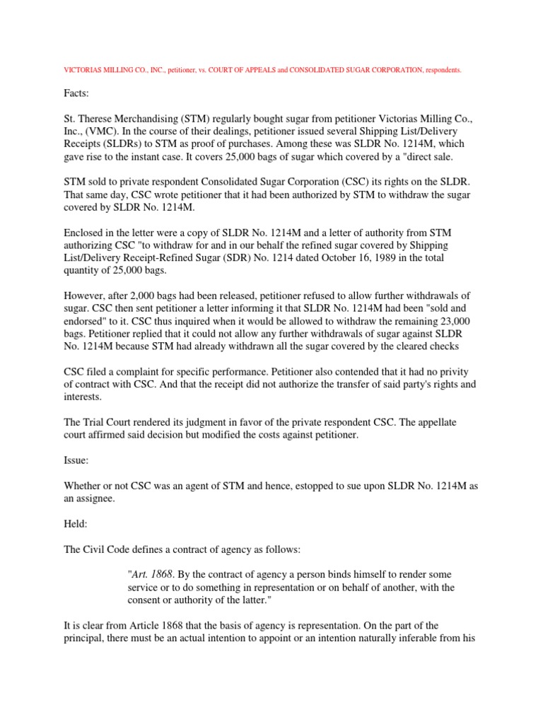 Victorias Milling Co Case Digest PDF Law Of Agency Estoppel