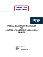 Internal Quality Audit Checklist FOR Control of Monitoring & Measuring Devices