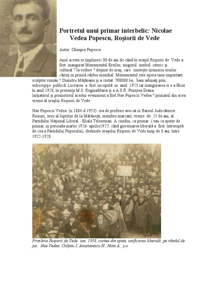Rosiorii De Vede Portretul Unui Primar Interbelic Nicolae Vedea Popescu